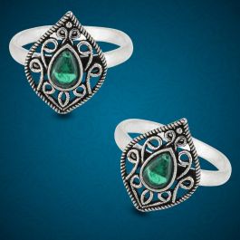 Artistic Green Stone Floral Silver Toe Rings