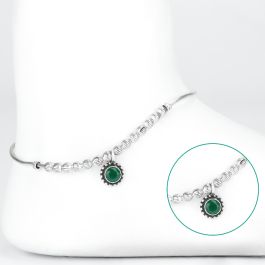 Exceptional Beaded Green Stone Silver Anklets