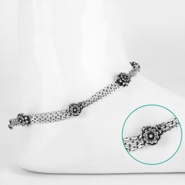 Striking Four Layered Floral Silver Anklets