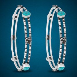Alluring Floral Turquoise Stone Silver Bangles