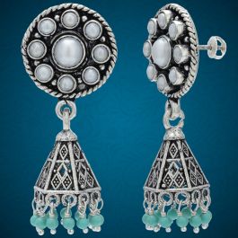 Wonderful Stoned Blue Beaded Silver Jhumka Earrings