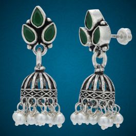 Classic Emerald Stone with Pearl Beads Silver Jhumka Earrings
