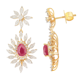 Stunning Ruby Stone Bloomed Floral Diamond Earrings