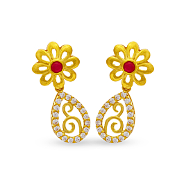 Enchanting Pear And Floral Design Gold Earrings