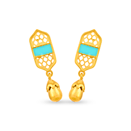 Textured Turquoise Blue Enamel Coated Jali Work Drop Gold Earrings