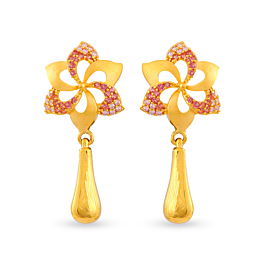 Exuberant Six Petal Multi Colored Drops Gold Earrings