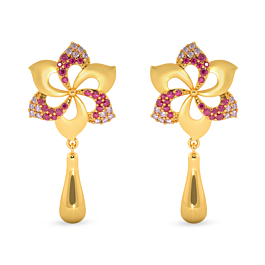 Exuberant Six Petal Multi Colored Drops Gold Earrings