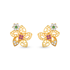 Striking Five Petal Floral Gold Earrings