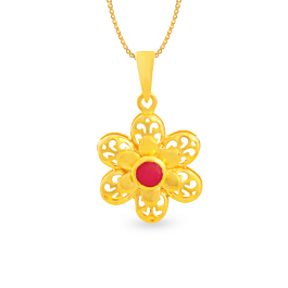 Bejeweled Red Stone Floral Gold Pendant