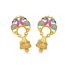 Ornate Enamel Coated Peacock Gold Earrings