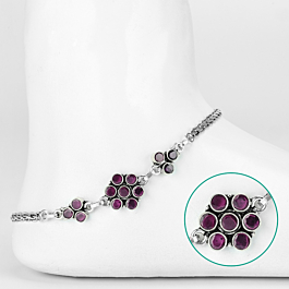 Modern Floral Red Stone Silver Anklets 