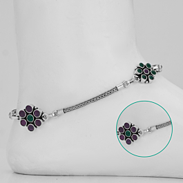 Lovely Glint Stone Floral Silver Anklets
