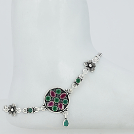 Alluring Floral With Pear Drop Silver Anklets