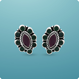 Glossy Oval Color stoned Silver Earrings