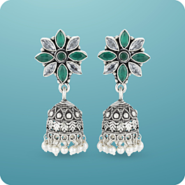 Opulent Floral Pearl Beaded Silver Jhumka Earrings 