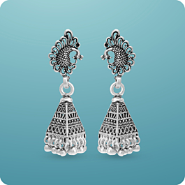 Grand Peacock Triangular Silver Jhumka Earrings