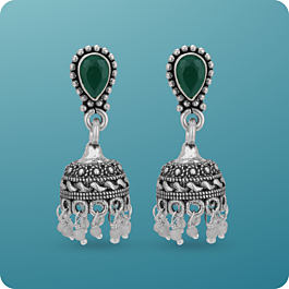 Pretty Emerald Stone Pearl Beaded Silver Jhumka Earrings