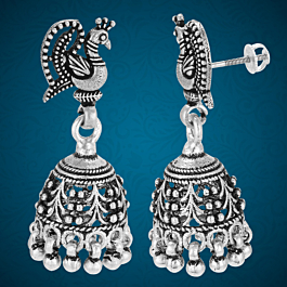 Adorable Dancing Peacock Beaded Silver Jhumka Earrings