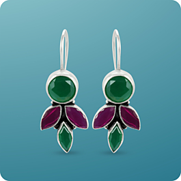 Elegant Green and Red Stone Silver Earrings