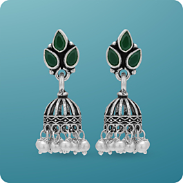 Classic Emerald Stone with Pearl Beads Silver Jhumka Earrings