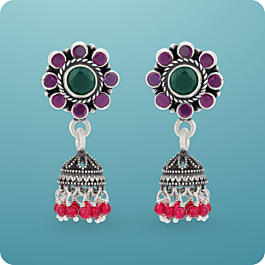Floral Motif Red Beads Silver Jhumka Earrings