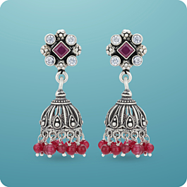 Pristine Geometrical Red Beaded Silver Jhumka Earrings