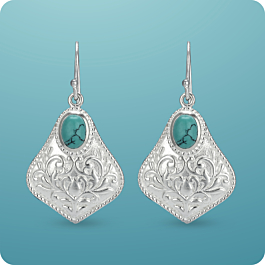 Bright Turquoise Stone Damask Motif Silver Earrings