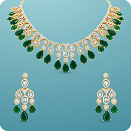 Ornate Green Stone Drops Silver Necklace Set