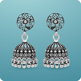Ethnic Floral Beaded Silver Jhumka Earrings