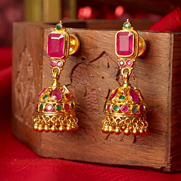 Petite Fancy Stone Jhumkas Gold Earrings