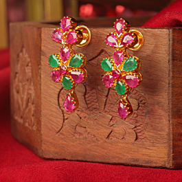 Alluring Dual Stone Floral Gold Earrings