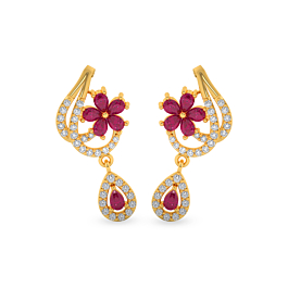 Excellent Red Stone Floral Gold Earrings