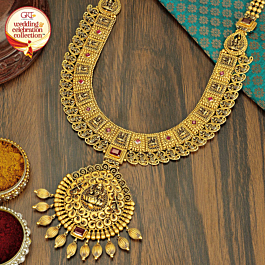 Goddess Lakshmi With Paisley Pattern Gold Necklace - Wedding and Celebrations