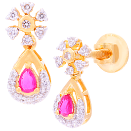 Glitzy Posh Floral Single Ruby Stone Drop Diamond Earrings