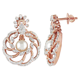 Sophisticated Circular Pattern Pearl Drop Diamond Earrings-EF IF VVS-18kt Rose Gold