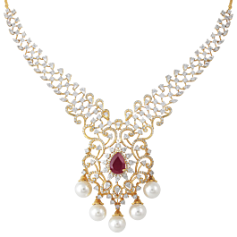  Luminous Single Stone Ruby With Pearl Drops Diamond Necklaces-EF IF VVS-18kt Yellow Gold