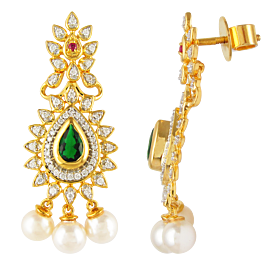 Adorable Emerald with Pearl Drops Diamond Earrings-EF IF VVS-18kt Yellow Gold