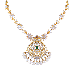 Captivating Emerald Stone with Pearl Drops Diamond Necklaces-EF IF VVS-18kt Rose Gold